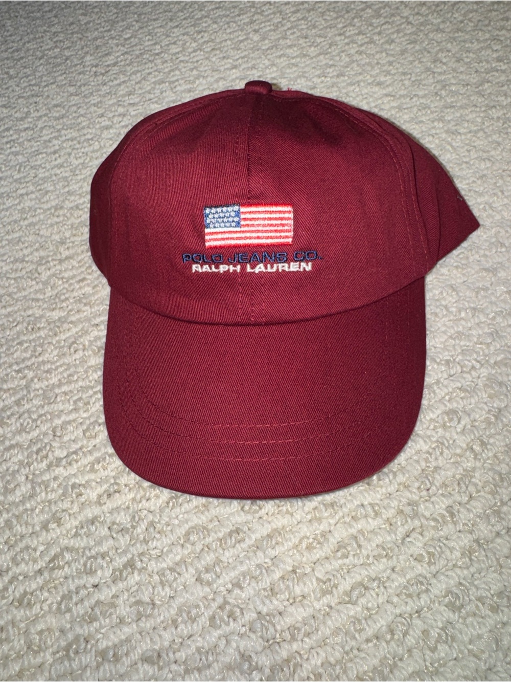 Ralph Lauren Burgundy Polo Jeans Co. Baseball Cap with American Flag